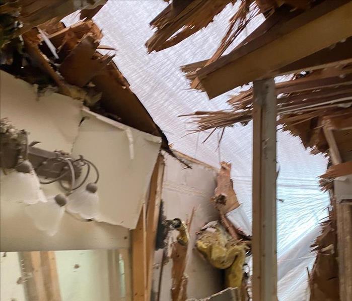 tree fell on roof demolishing entire bathroom, large hole in roof with debris everywhere
